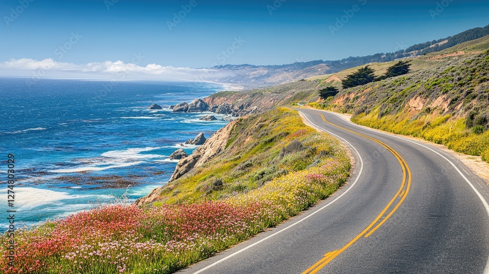 Coastal road lined with wildflowers, overlooking the blue ocean on a bright spring day. No people no text Coastal road lined with wildflowers, overlooking the blue ocean on a bright spring day. No people no text