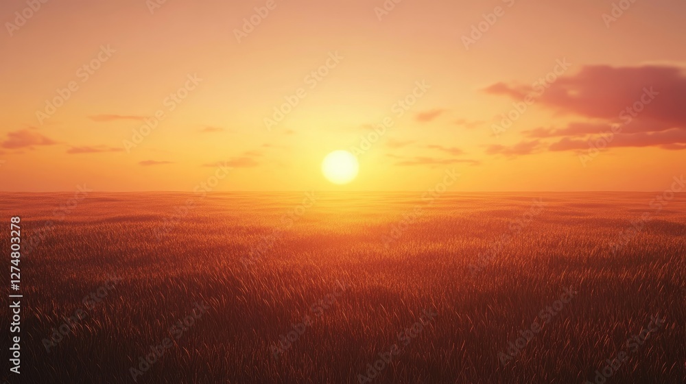 Fototapeta premium Colorful summer sunset over a vast open field, tall grass swaying in the warm breeze.
