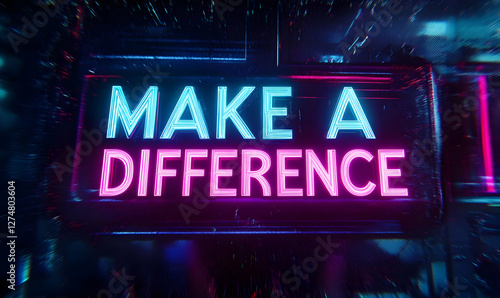 Neon words Make a Difference in Digital Futuristic Background