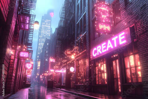 Neon-lit alleyway city street scene at night, perfect for a digital art print or gaming background photo