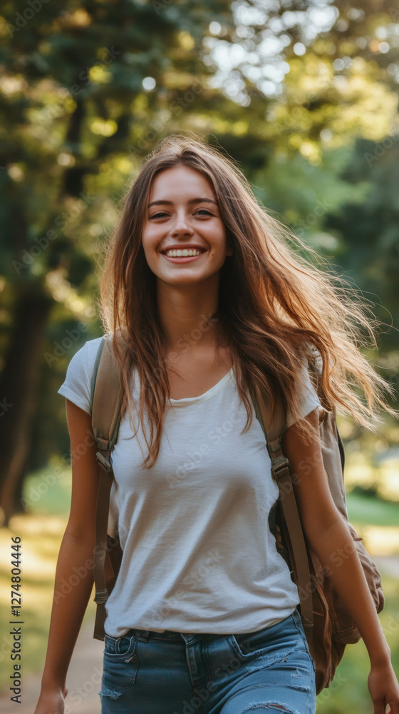 Happy hiker strolling through a vibrant forest on a sunny day, embracing the freedom of nature and enjoying the thrill of adventure Happy hiker strolling through a vibrant forest on a sunny day, embracing the freedom of nature and enjoying the thrill of adventure