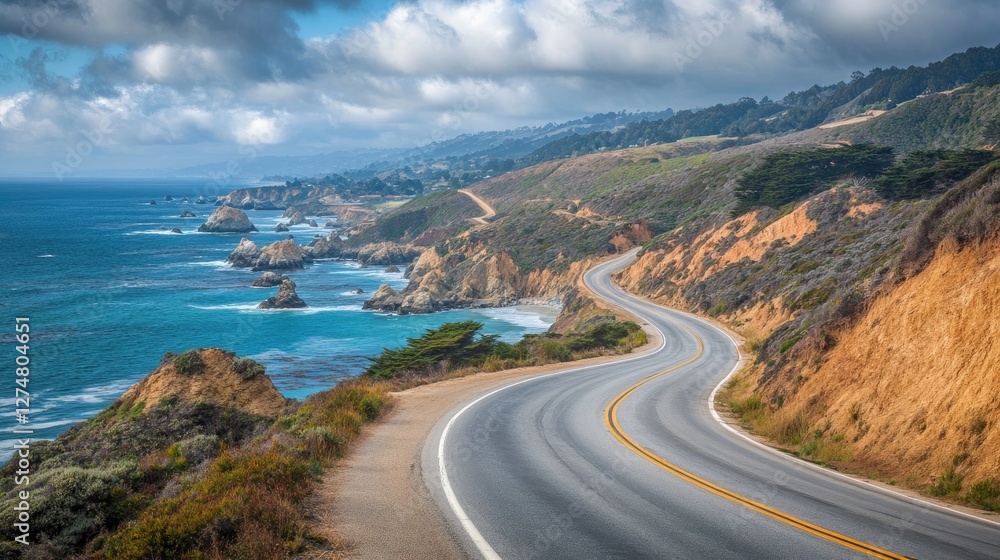 Empty coastal highway stretching alongside a calm ocean, with rocky cliffs in the distance. Empty coastal highway stretching alongside a calm ocean, with rocky cliffs in the distance.