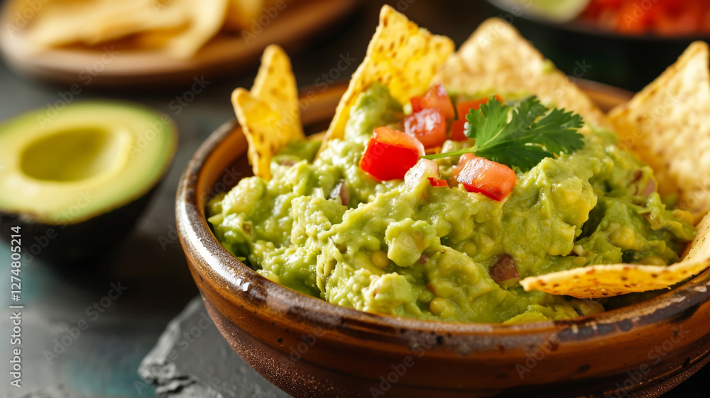 A bowl of freshly made guacamole, bursting with flavor and served alongside crispy tortilla chips for a delicious and satisfying snack A bowl of freshly made guacamole, bursting with flavor and served alongside crispy tortilla chips for a delicious and satisfying snack