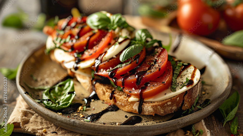 A savory caprese sandwich made with layers of fresh mozzarella, tomatoes, fragrant basil, and drizzled with balsamic glaze on ciabatta bread A savory caprese sandwich made with layers of fresh mozzarella, tomatoes, fragrant basil, and drizzled with balsamic glaze on ciabatta bread