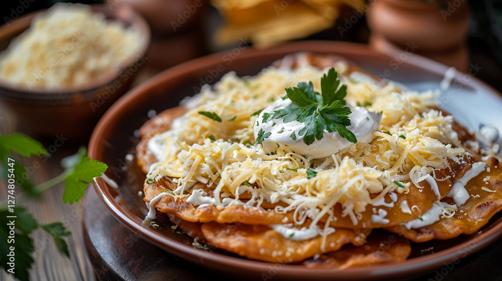 A warm plate of Hungarian lángos, brimming with flavor from crispy fried dough, smooth sour cream, and melted grated cheese A warm plate of Hungarian lángos, brimming with flavor from crispy fried dough, smooth sour cream, and melted grated cheese