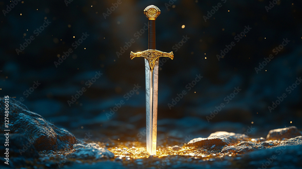 Naklejka premium shiny modern sword standing on rocky ground, symbolizing strength, power, and resilience, reflecting a warrior's spirit and determination