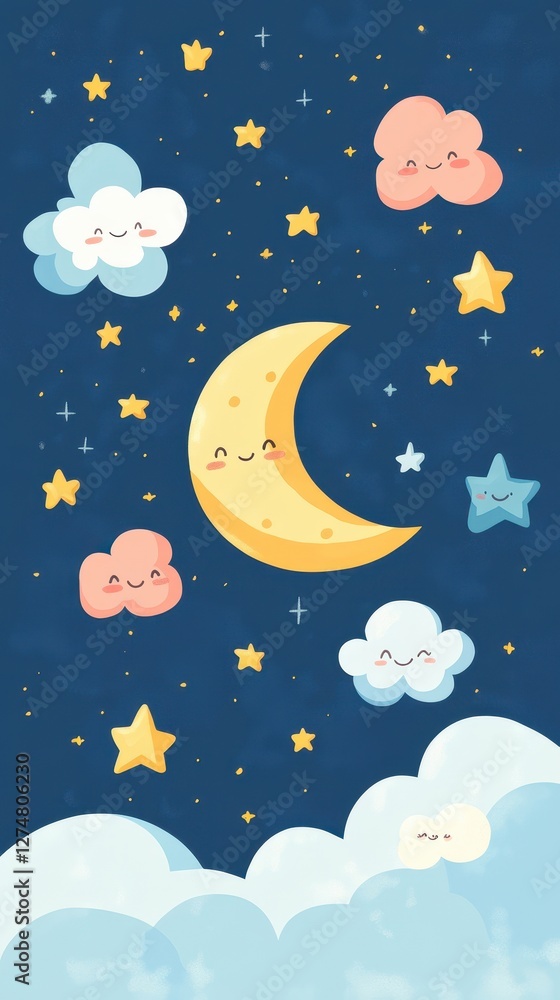 Naklejka premium Cartoon moon and clouds in a star filled night sky