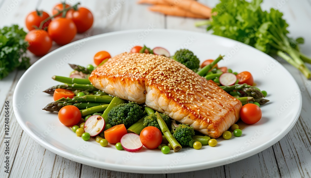 Grilled Salmon with Sesame Seeds and Fresh Vegetables on White Plate Grilled Salmon with Sesame Seeds and Fresh Vegetables on White Plate