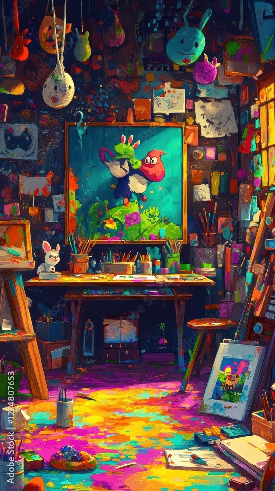 Fototapeta premium Bright and colorful artist studio filled with art supplies