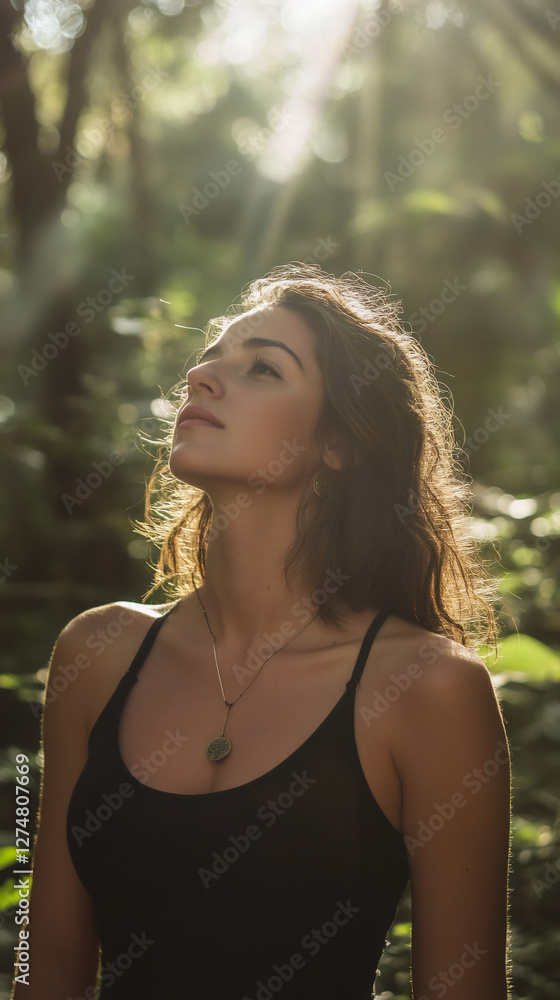Young woman basking in tropical forest sunlight, wearing black top and necklace, gazing upward through dappled tree canopy Young woman basking in tropical forest sunlight, wearing black top and necklace, gazing upward through dappled tree canopy