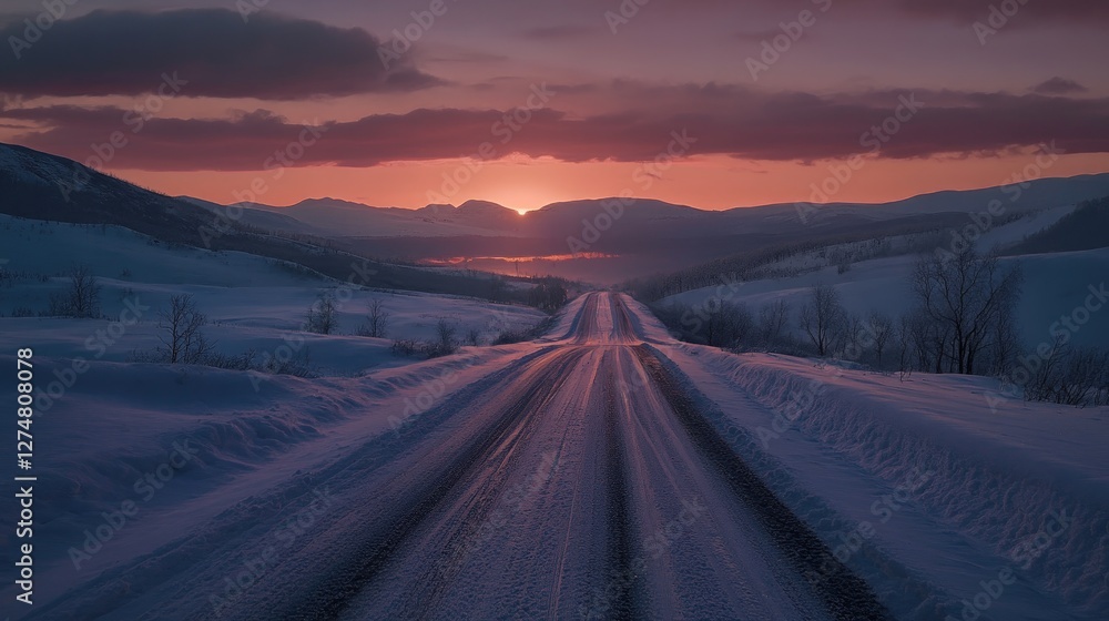 Mountain road covered in fresh snow, leading towards a dramatic winter sunset. Mountain road covered in fresh snow, leading towards a dramatic winter sunset.