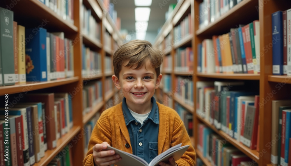 Smiling boy standing in library, joy of learning, Children's Day, Blurred Background Smiling boy standing in library, joy of learning, Children's Day, Blurred Background