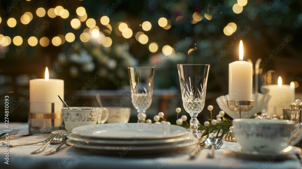 Elegant table setting with soft candlelight, fine china, and crystal glassware, shallow depth of field,