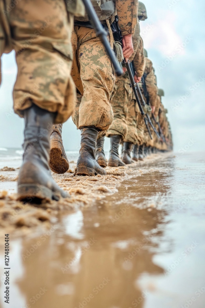 A line of soldiers march along a beach, their boots sinking slightly into the wet sand. A line of soldiers march along a beach, their boots sinking slightly into the wet sand.