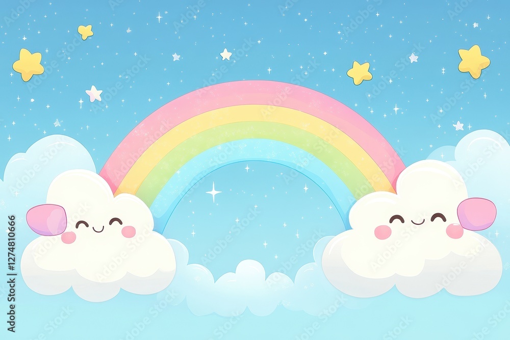 Cute cartoon rainbow with smiling clouds and star background Cute cartoon rainbow with smiling clouds and star background