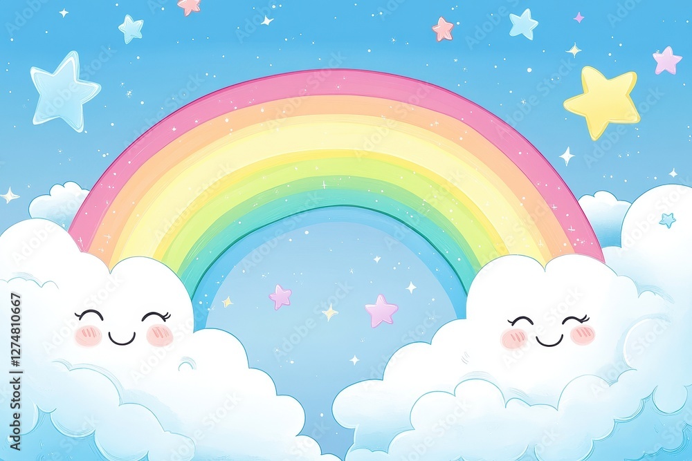 Smiling cartoon clouds frame a vibrant pastel rainbow scene Smiling cartoon clouds frame a vibrant pastel rainbow scene