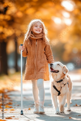 Wallpaper Mural Blind girl walks with white cane. A young girl walks with her guide dog in a park. Golden hour light, autumn colors. Torontodigital.ca