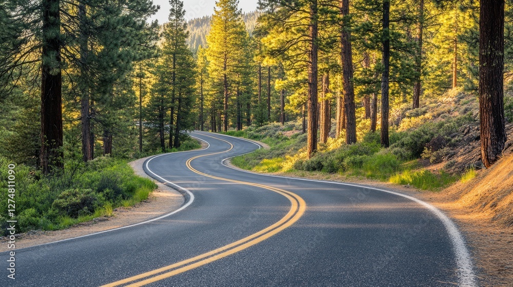 Road curving through a forest of tall pines, sunlight dappling through the branches. Road curving through a forest of tall pines, sunlight dappling through the branches.