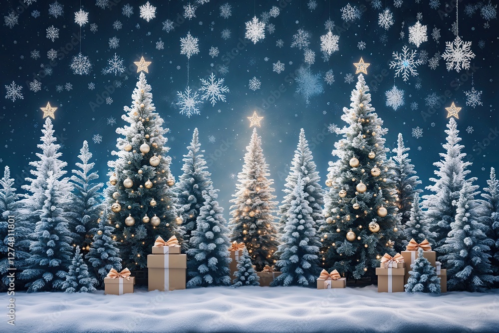 Naklejka premium Enchanting Winter Wonderland Scene Featuring Decorated Pine Trees and Floating Snowflakes