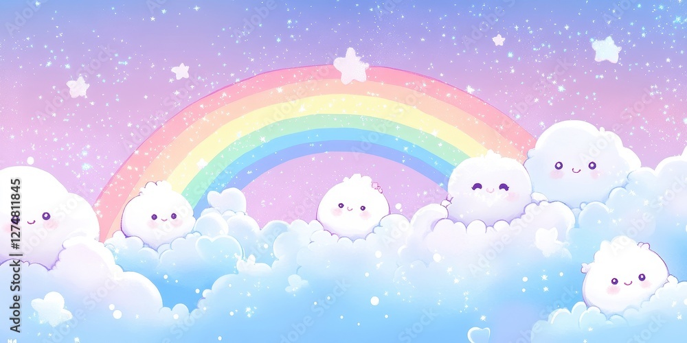 Fototapeta premium Cute clouds float under a pastel rainbow in the sky