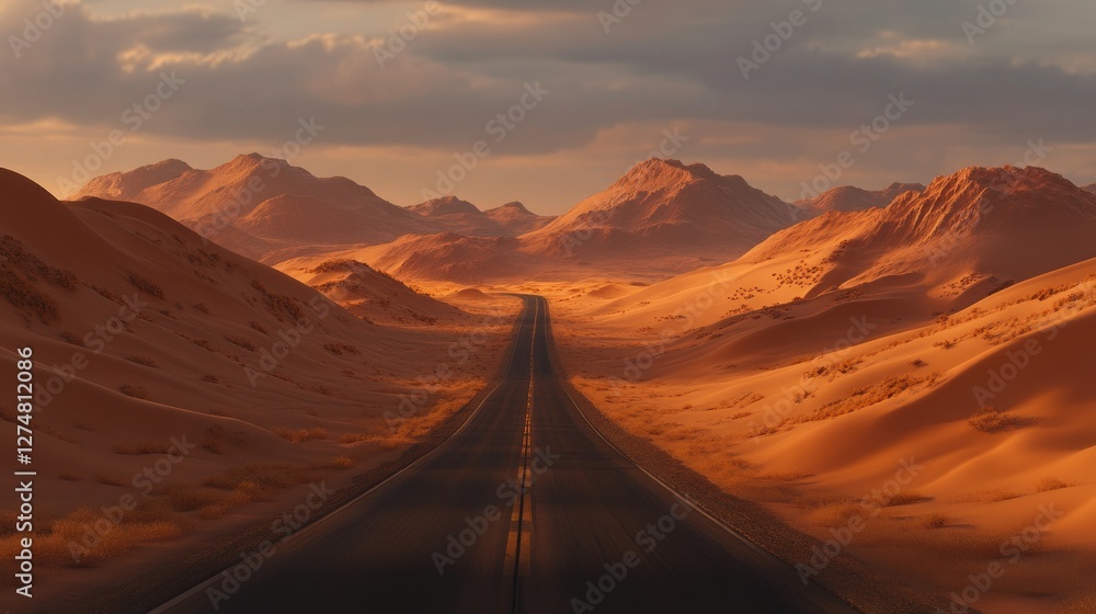 Naklejka premium Scenic desert highway cutting through vast sand dunes, soft golden light of the late afternoon.