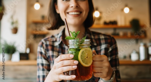 Wallpaper Mural Smiling young caucasian woman enjoying iced tea in café setting Torontodigital.ca