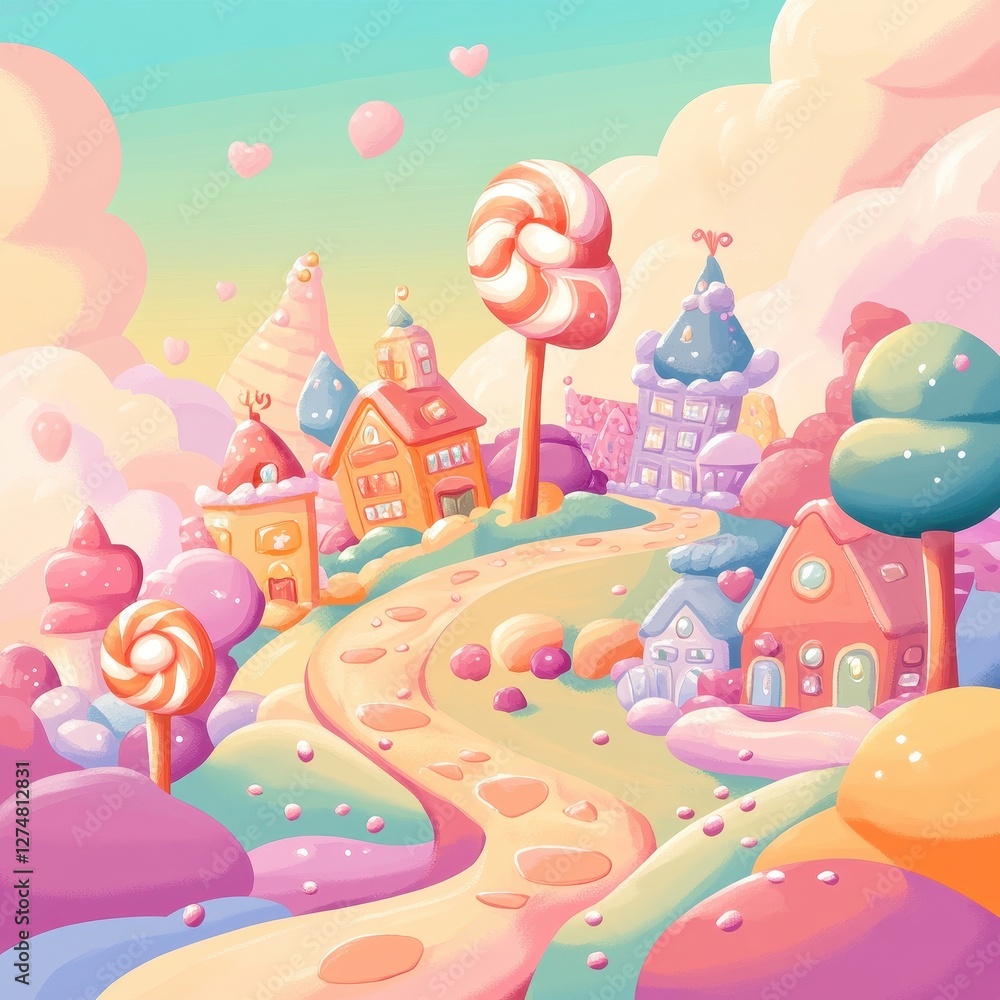 Dreamy landscape of candy houses lollipops and soft clouds Dreamy landscape of candy houses lollipops and soft clouds
