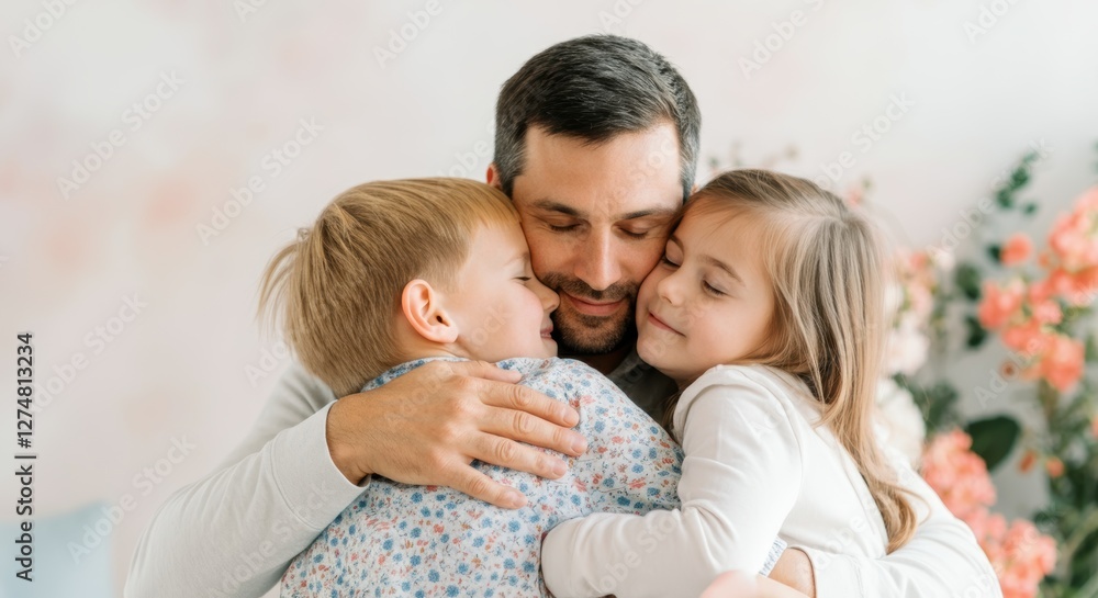 Caucasian male adult embracing two caucasian children in warm family hug Caucasian male adult embracing two caucasian children in warm family hug