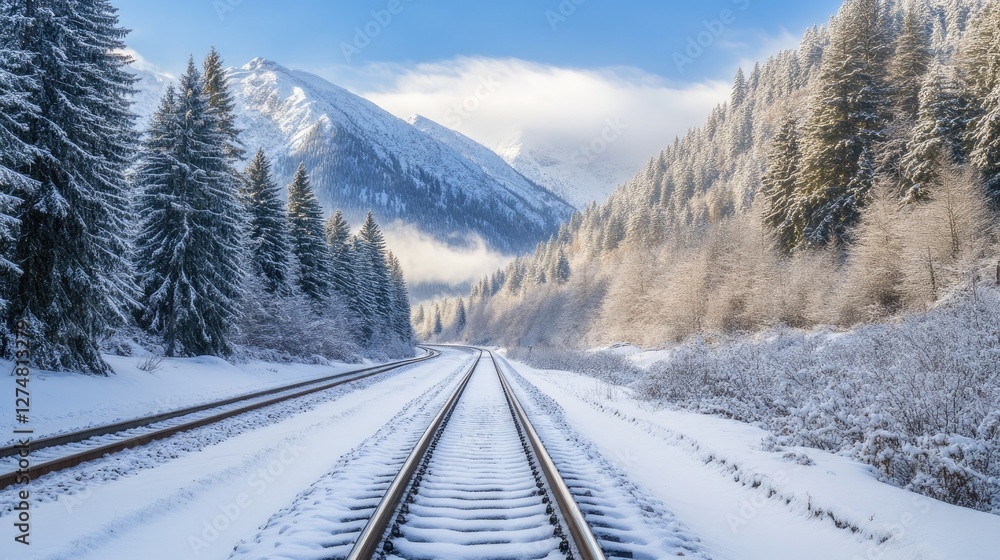 Fototapeta premium Snow-dusted railway track curving through a winter valley, flanked by towering pine trees.