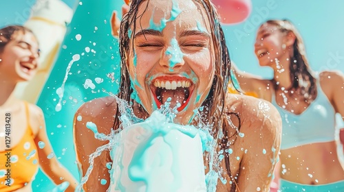 Wallpaper Mural A girl in a blue and white swimsuit is splashing water at a party. Torontodigital.ca