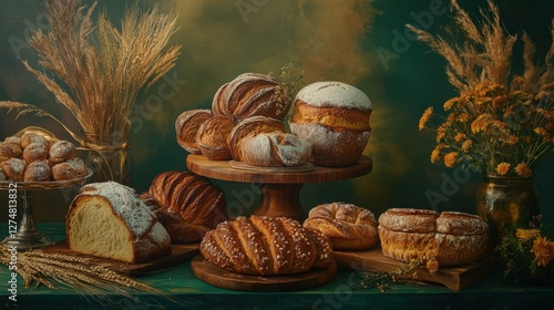 A beautifully arranged display of various artisanal breads and pastries on wooden stands with a rustic backdrop