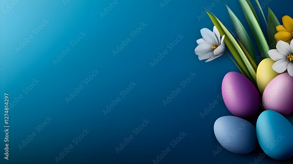Obraz premium Colorful Easter eggs and spring flowers arranged beautifully against a blue background celebrating the joy of the season