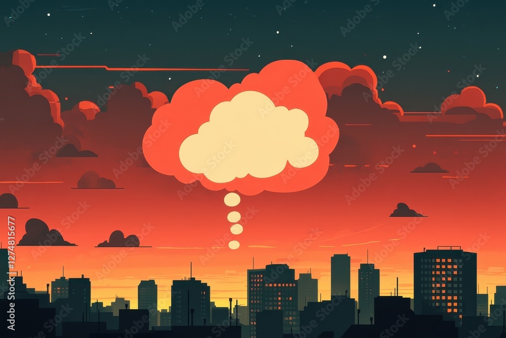 Fototapeta premium Dreamy cityscape with large thought bubble under a starry sky