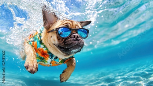 A Pug dog wearing sunglasses and a floral shirt swims underwater in clear blue ocean.