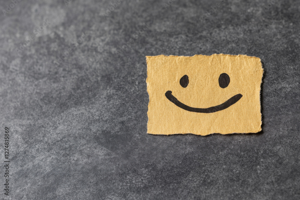 A smiley face is drawn on a piece of paper and placed on a grey surface A smiley face is drawn on a piece of paper and placed on a grey surface