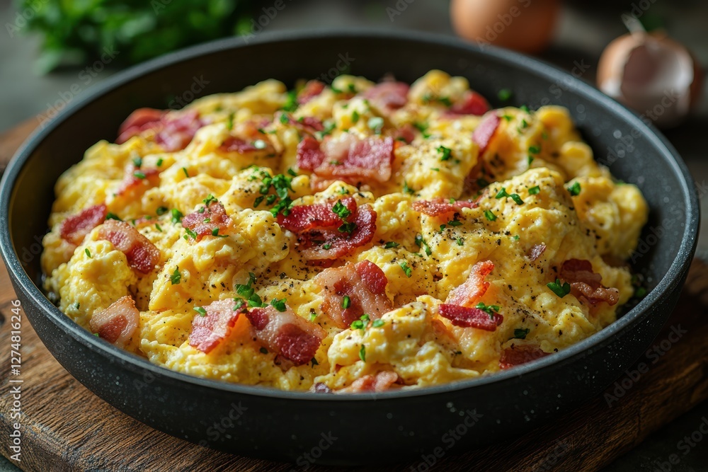 Delicious scrambled eggs with crispy bacon in a skillet ready to serve Delicious scrambled eggs with crispy bacon in a skillet ready to serve