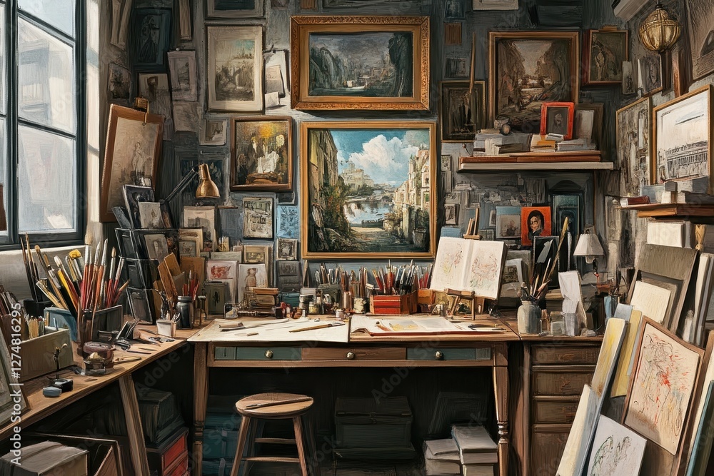 Art studio is filled with paintings brushes and other art supplies Art studio is filled with paintings brushes and other art supplies