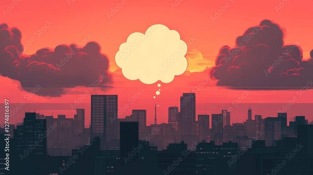 Fototapeta premium Thought bubble over skyline at sunset in digital illustration