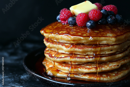 Delicious Buttery Pancakes Topped with Berries and Maple Syrup