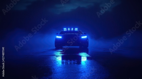 Night Pursuit Police Car, Rainy Road photo