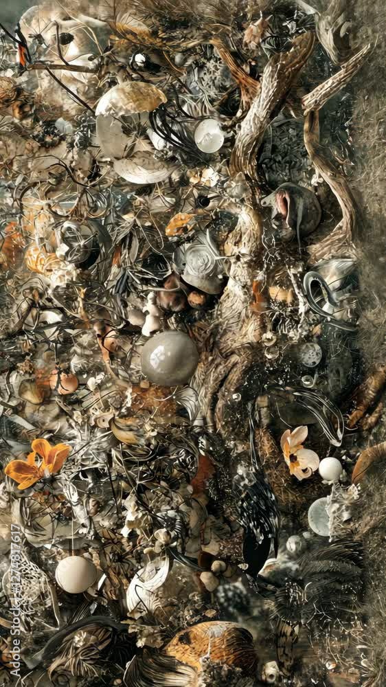 Nature's intricate detail unfolds with entwined elements in a rich, textured landscape filled with organic forms and colors Nature's intricate detail unfolds with entwined elements in a rich, textured landscape filled with organic forms and colors