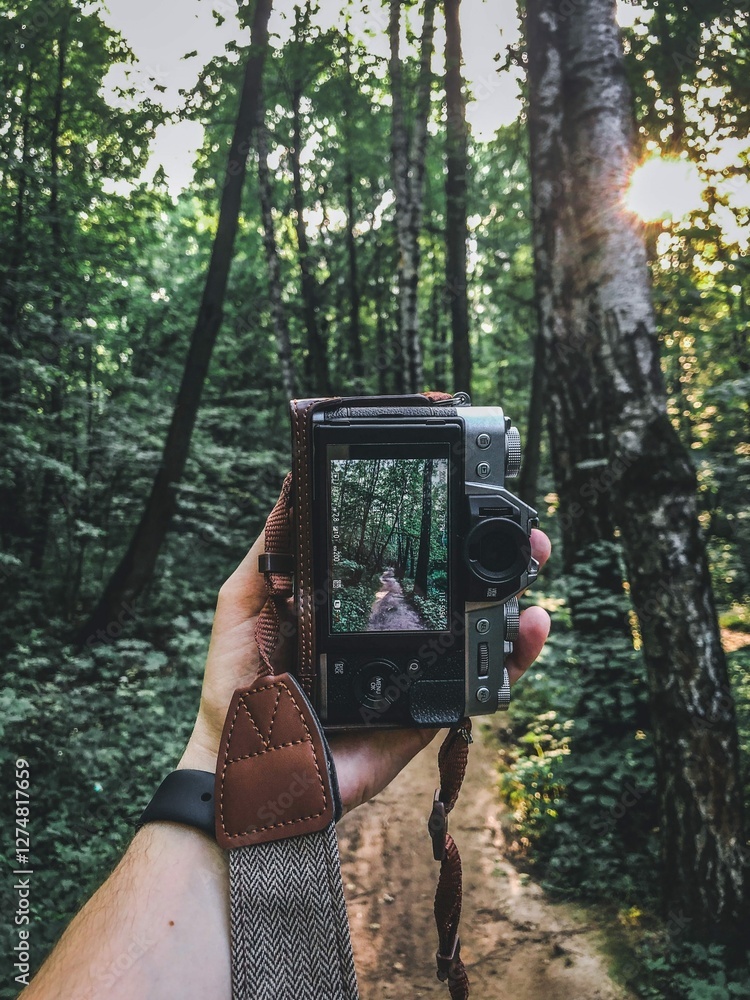 Camera in hands against blue sky and forest Camera in hands against blue sky and forest