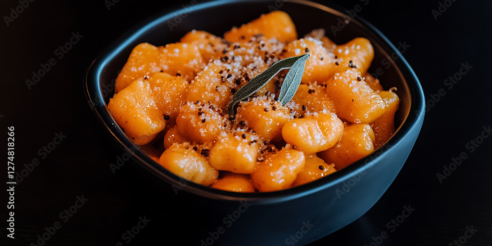 Orange gnocchi in a dark bowl garnished with sage and a sprinkling of seasoning against a dark background. Orange gnocchi in a dark bowl garnished with sage and a sprinkling of seasoning against a dark background.