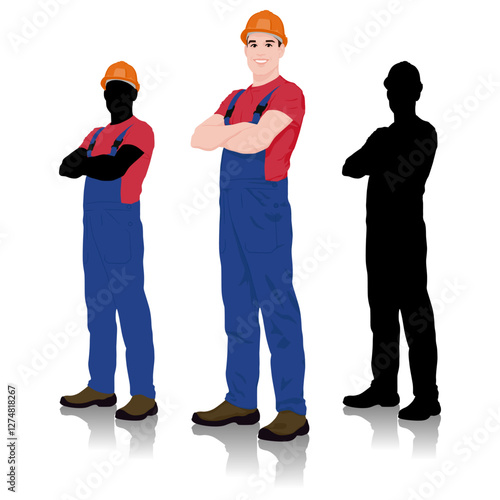 WebConstruction Worker with Silhouette Variations in Protective Gear Standing with Folded Arms. Vector Flat Style Illustration Set Isolated On White