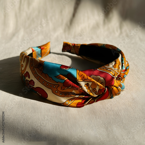 Colorful floral patterned silk headband close up boho style fashion accessory on neutral background soft lighting photo