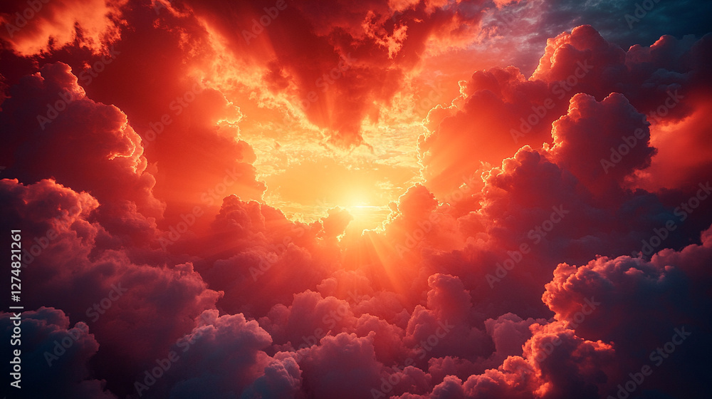 A glowing sunset sky with sunbeams piercing dark clouds, showcasing vibrant hues of orange and red. A serene and inspirational scene with dramatic lighting and heavenly atmosphere.
A glowing sunset sky with sunbeams piercing dark clouds, showcasing vibrant hues of orange and red. A serene and inspirational scene with dramatic lighting and heavenly atmosphere.