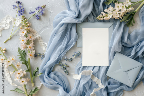 Wallpaper Mural A beautifully arranged flat lay features wedding invitation cards atop a soft blue fabric, accompanied by vibrant flowers and decorative lace Torontodigital.ca