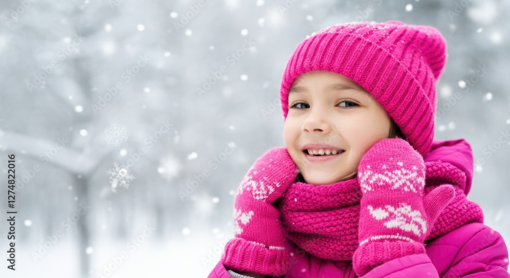 Smiling caucasian girl in pink winter clothing enjoying snowy weather Smiling caucasian girl in pink winter clothing enjoying snowy weather