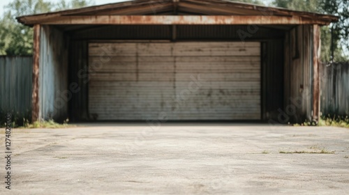 Rustic hangar exterior, empty space, nature background, ideal for a stock photo of industrial, outdoor, architectural themes photo