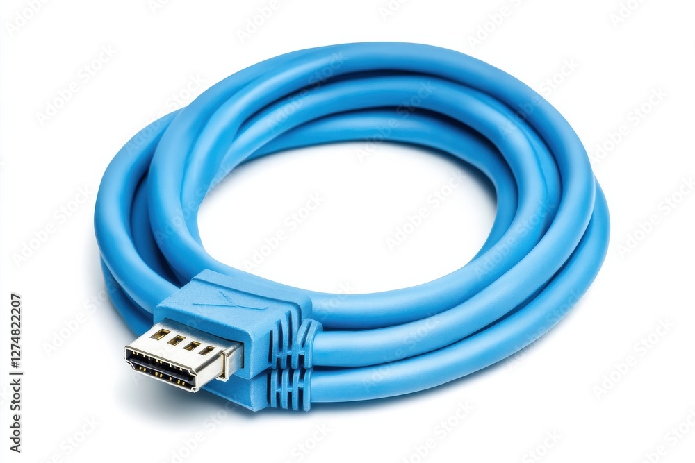 A striking blue USB cable coiled elegantly on a minimalist background providing a tech vibe isolated on transparent background A striking blue USB cable coiled elegantly on a minimalist background providing a tech vibe isolated on transparent background